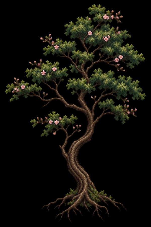 Arbre fleuri dessiné en pixels, aux branches fines et aux fleurs roses.
