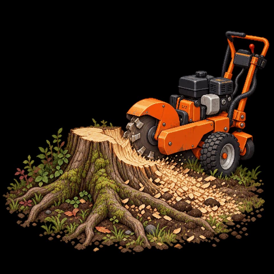 Illustration en pixels d’une rogneuse de souche, de racines et de copeaux de bois.