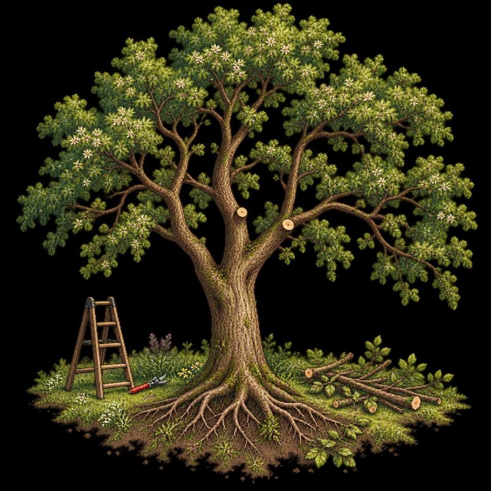 Illustration en pixels d’un arbre à la couronne aérée après une taille sélective.