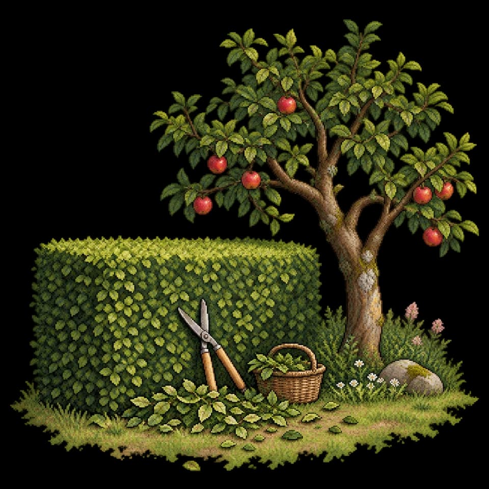 Illustration en pixels d’une haie entretenue et d’un petit arbre fruitier.