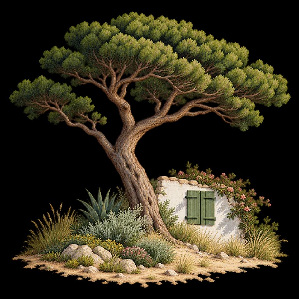 Illustration en pixels d’un pin maritime dans un jardin aux volets verts sur l’Île de Ré.