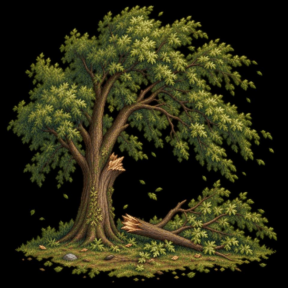 Illustration en pixels d’un arbre et d’une branche brisée au sol après le vent.
