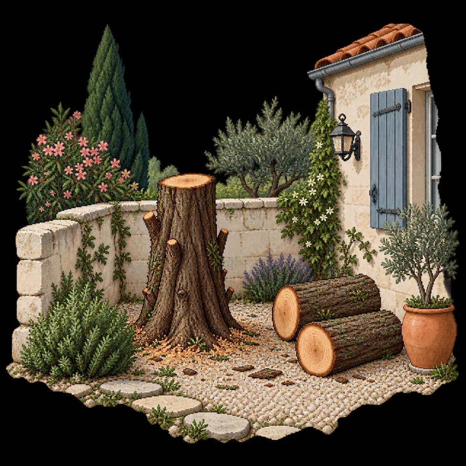 Illustration en pixels d’une souche dans une cour rochelaise aux murs de pierre.