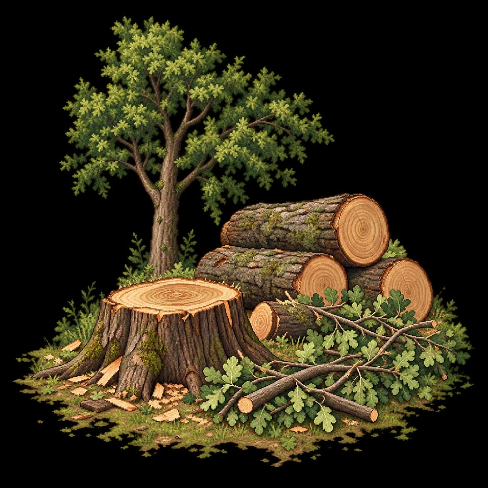 Illustration en pixels d’une souche et de sections de bois après le retrait d’un arbre.