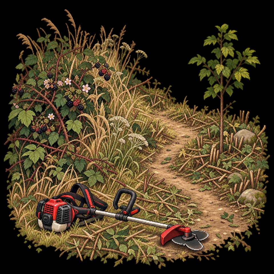 Illustration en pixels d’un passage dégagé dans les broussailles avec une débroussailleuse au repos.